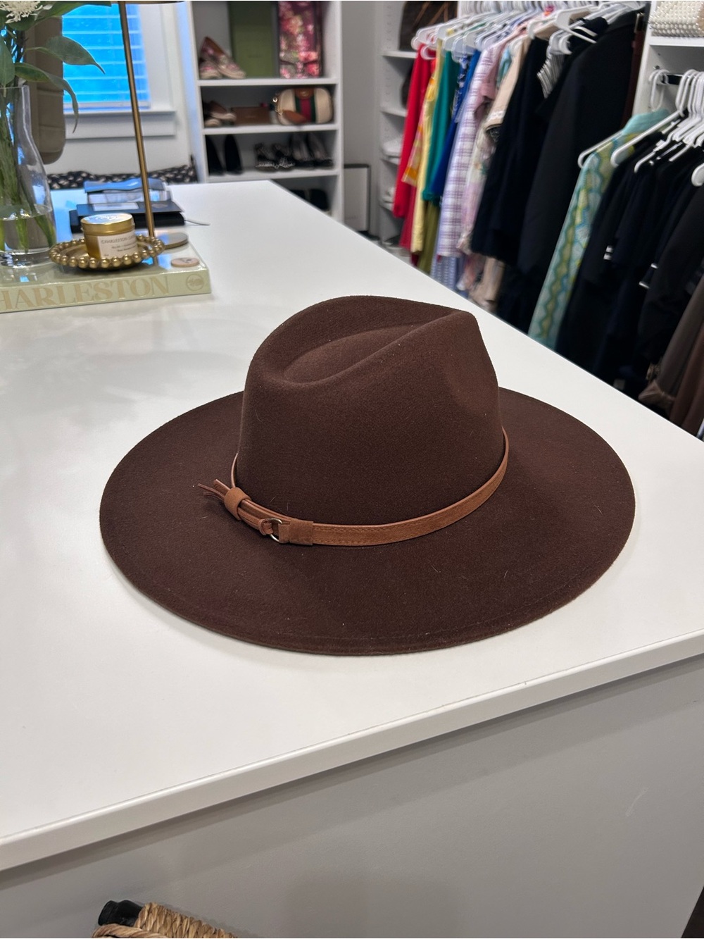 NEW Brown Wide-Brim Felt Hat with Leather Band